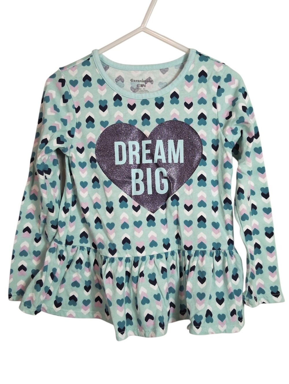 Dream Big Heart Peplum Top Mint Long Sleeve Shirt | Girls Size 4T